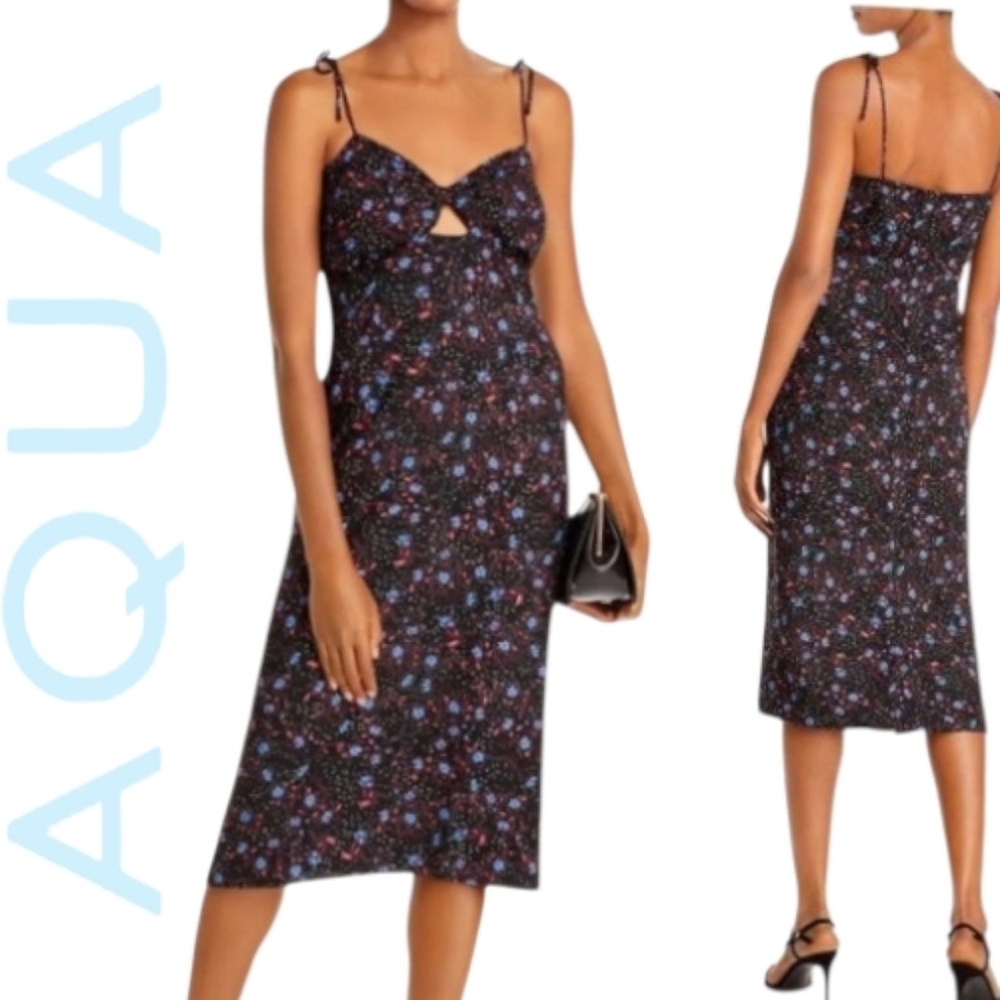 AQUA Black Floral Skinny Tie Strap Bodice Keyhole Knee Length Sheath Dress Sz SM